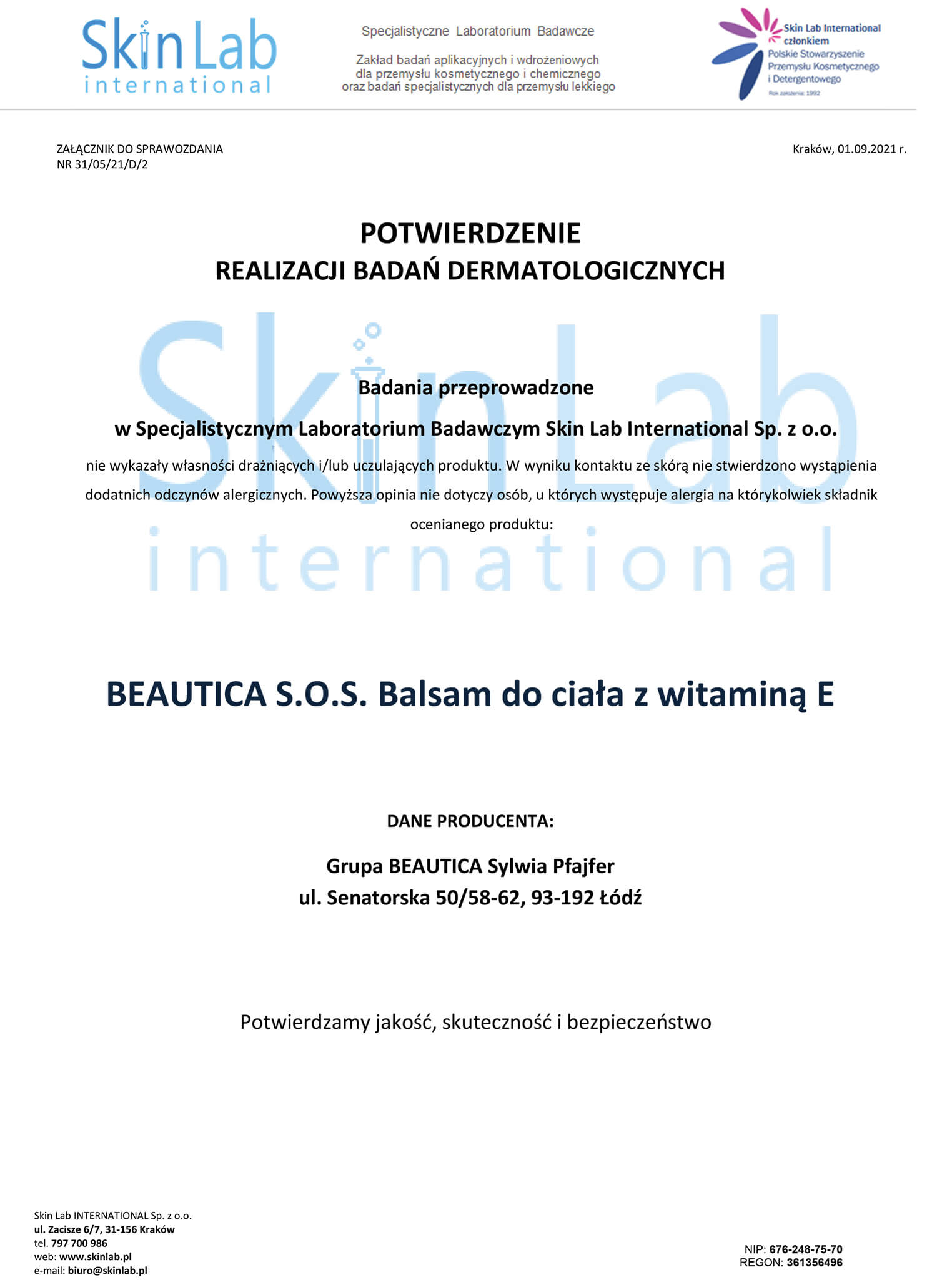Beautica Balsam S.O.S Certyfikat Jakości
